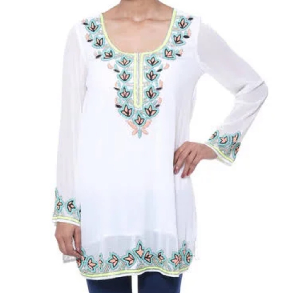 Lucky & Coco Tunic White Medium Glass Beading Beach Cover Pool Party Vacation